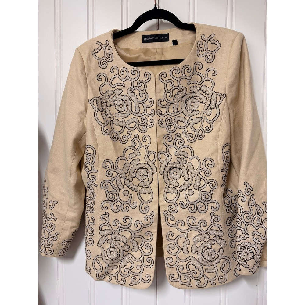 Dana Buchman Jacket Womens 10 Beige Linen Blend Floral Embroidered Collarless